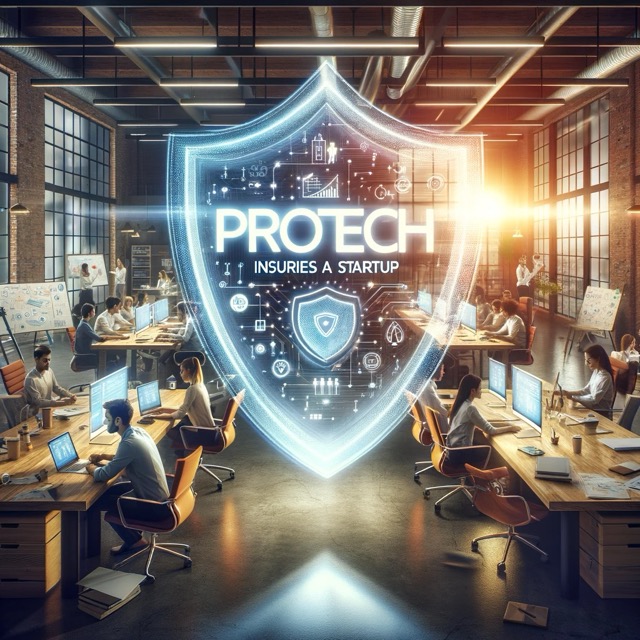 Illustration of an open floor plan office with a digital overlay of a shield that reads 'PROtech'.