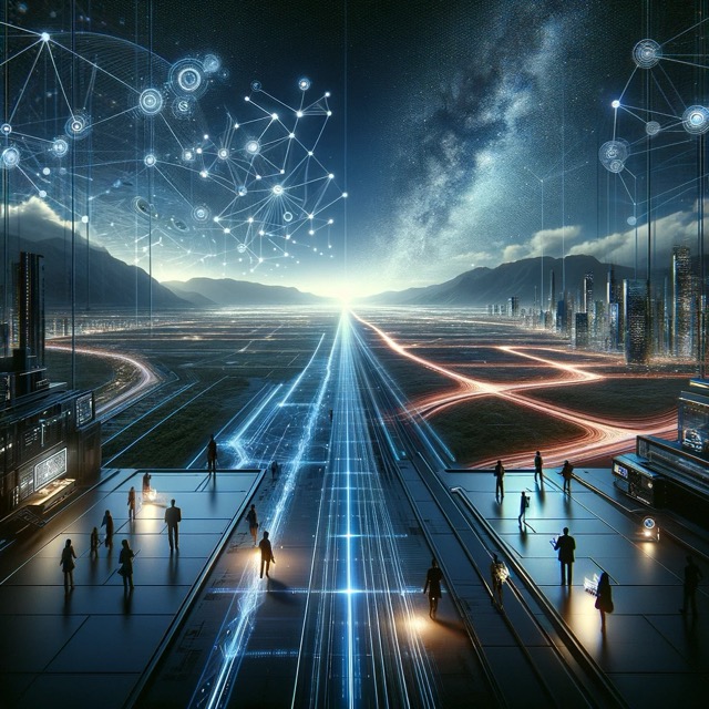 A techno-surrealistic image of a road with a digital overlay.