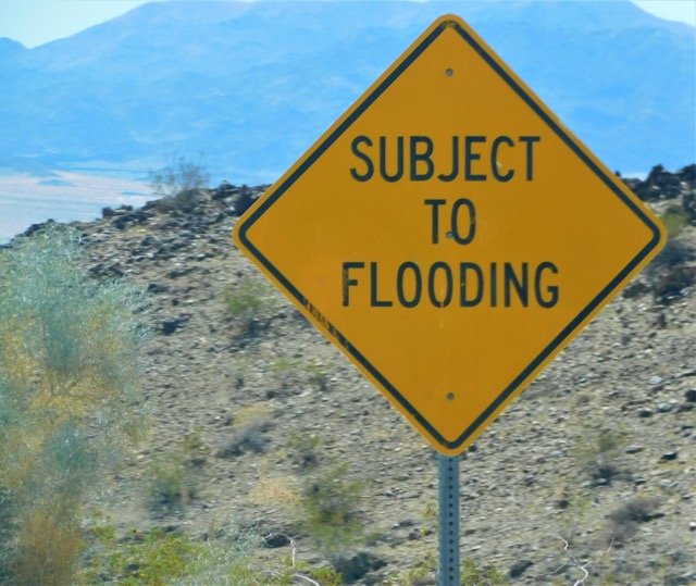 A flooded street with a cart submerged in water.