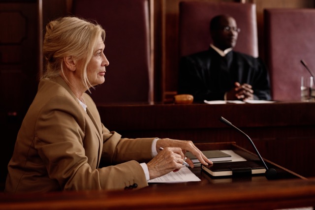 An attorney in a courtroom, with a judge seated in the background.